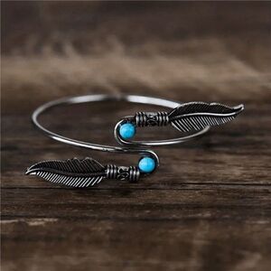 Boho Silver Turquoise Feather Open Bangle Arm Cuff Bracelet